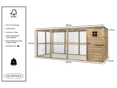 Houten Volière met dichte sluis en nachthok Glorenza - vanaf 337x179x183cm
