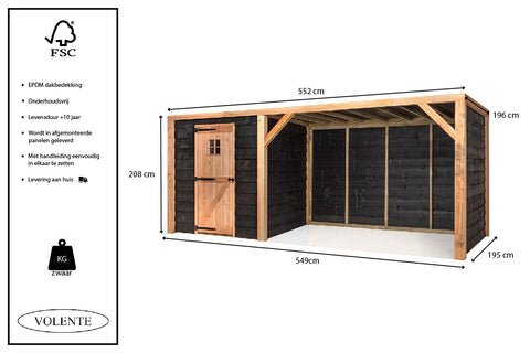 Kippenhok en Houten Schuur Overkapping Volente Hidde- 552x196x208cm