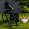 Sfeerfoto Nestera kunststof kippenhok groot op wielen schuin vooraanzicht, in een achtertuin op het gras. Voor het kippenhok scharrelen 2 kippen.